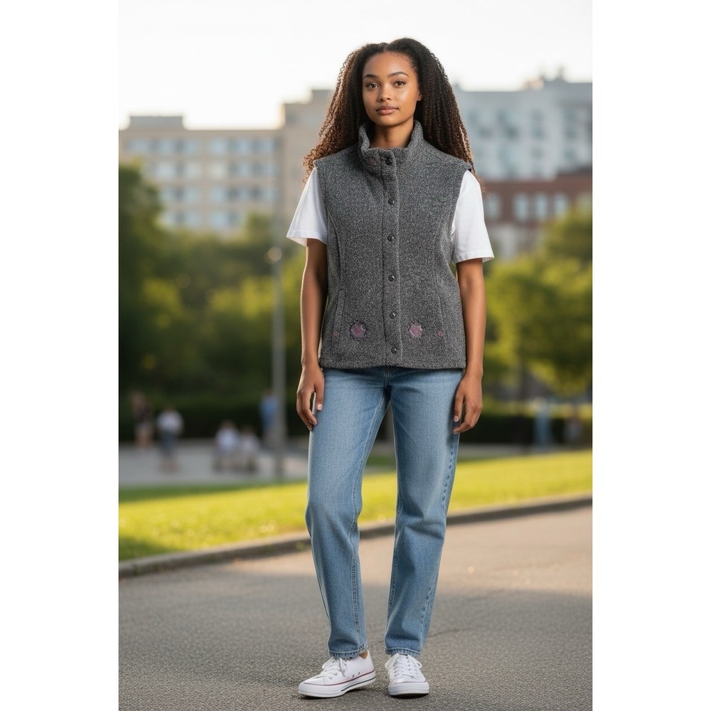 Woolrich‎ Women's Onyx Fleece Vest Gray Embroidered Button Front Size XL